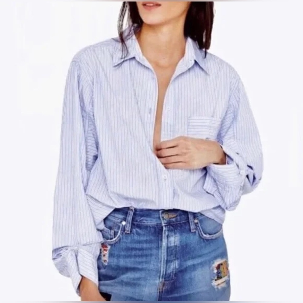 Free People Tie It In A Bow Oversized Striped Button Down Shirt XS